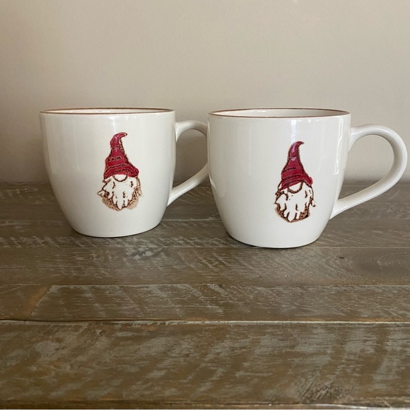 Set of 2- Ceramic Gnome Mugs in Cream with Brick, Brown Trim 4” High, 4.25” Wide - Picture 7 of 7